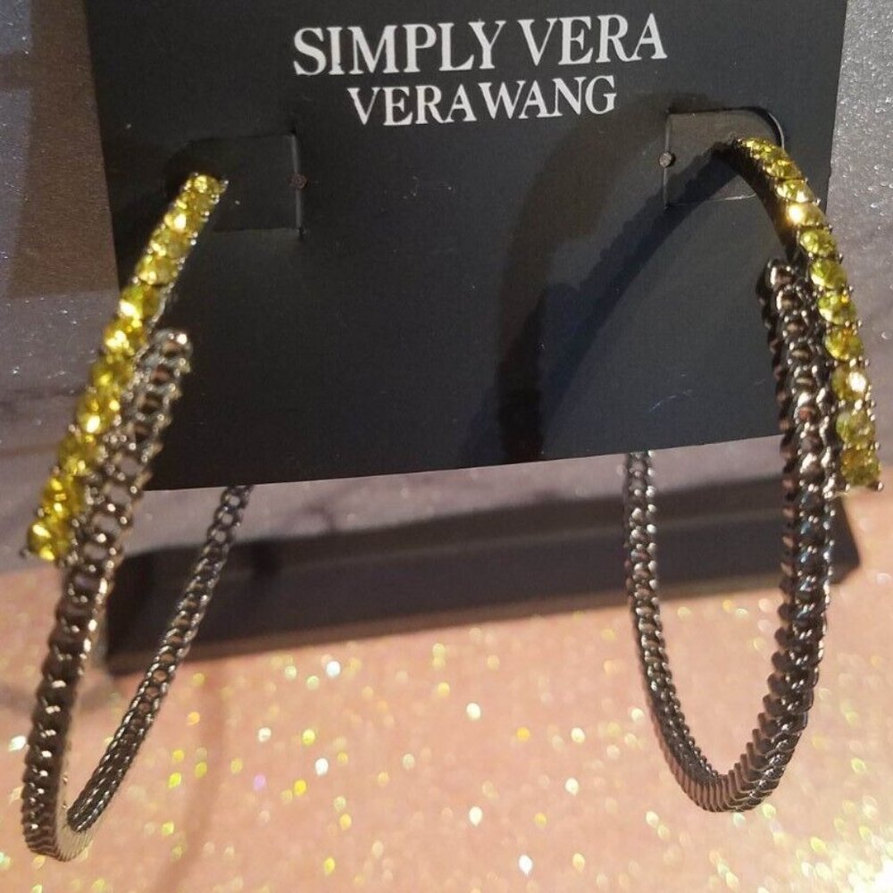 VERA WANG Rocker Chic Gunmetal Yellow-Green Crystal 2.56" Hoop Earrings**NEW! - Picture 2 of 11